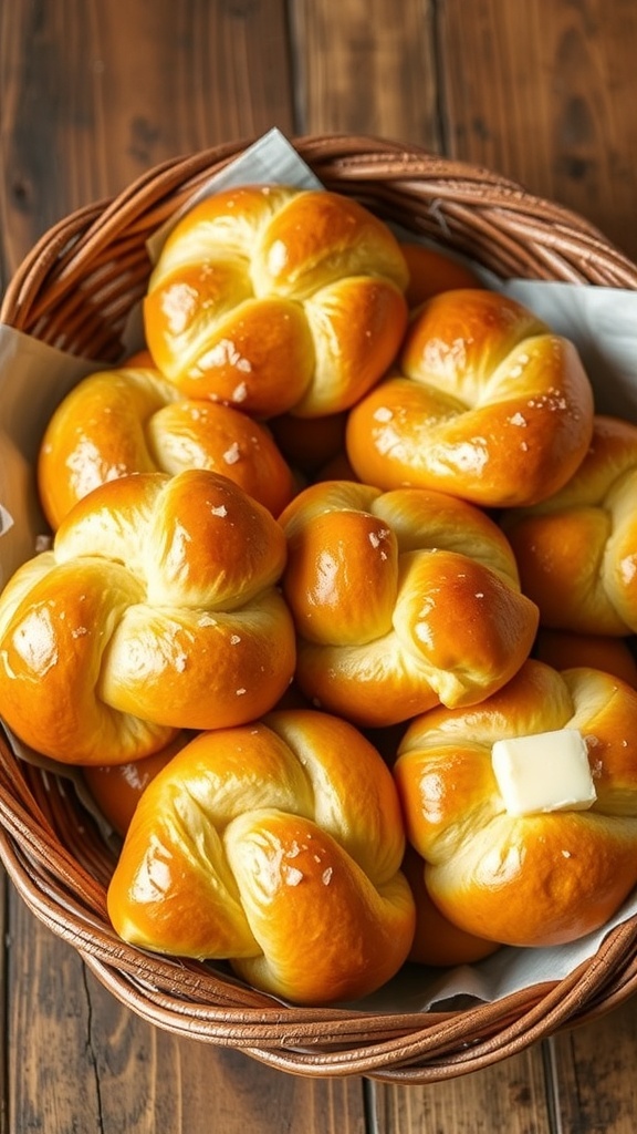A basket of soft, golden yeast knot rolls, freshly baked and brushed with butter, on a rustic wooden table.